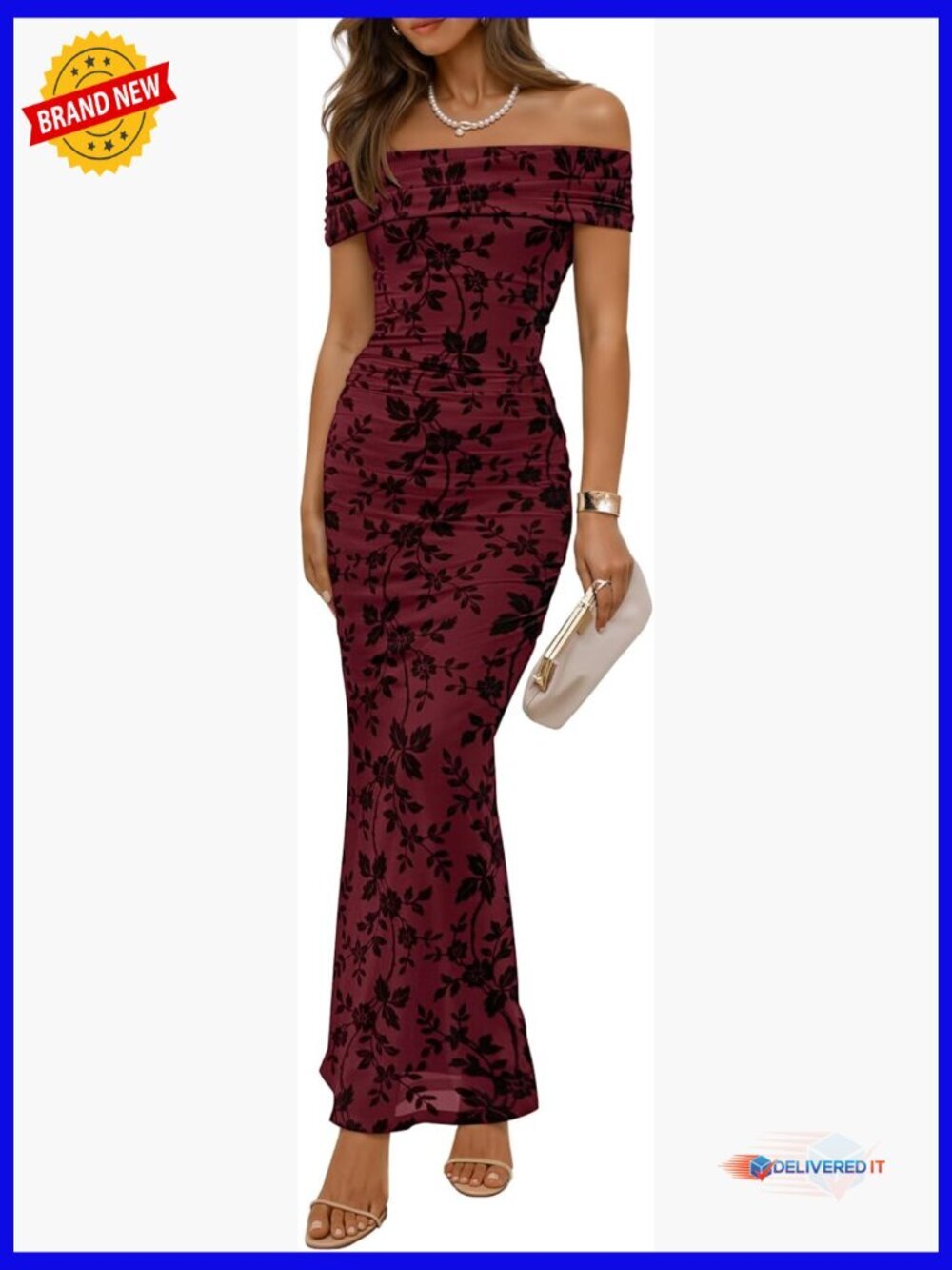 Off Shoulder Floral Bodycon Maxi Dress Ruched Formal Cocktail Wedding Guest